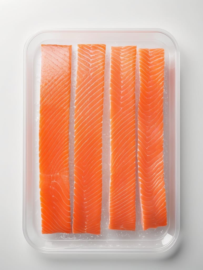 ready for cooking slices of a salmon in a transparent plastic tray, top view, isolated, mockup