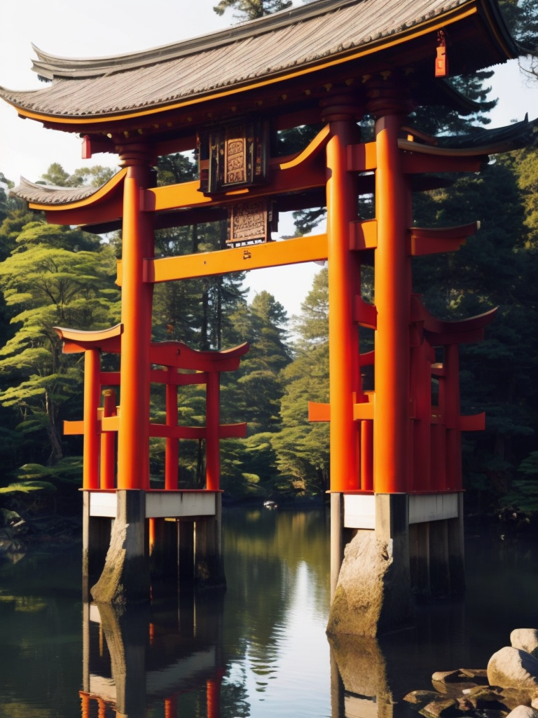 Red torii gate in middle of a lake, Dense forest on the edge of the lake, Bright and saturated colors, Japanese culture, photorealistic, contrast light