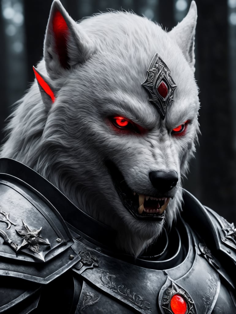White werewolf elf assassin wearing armor with glowing red eyes