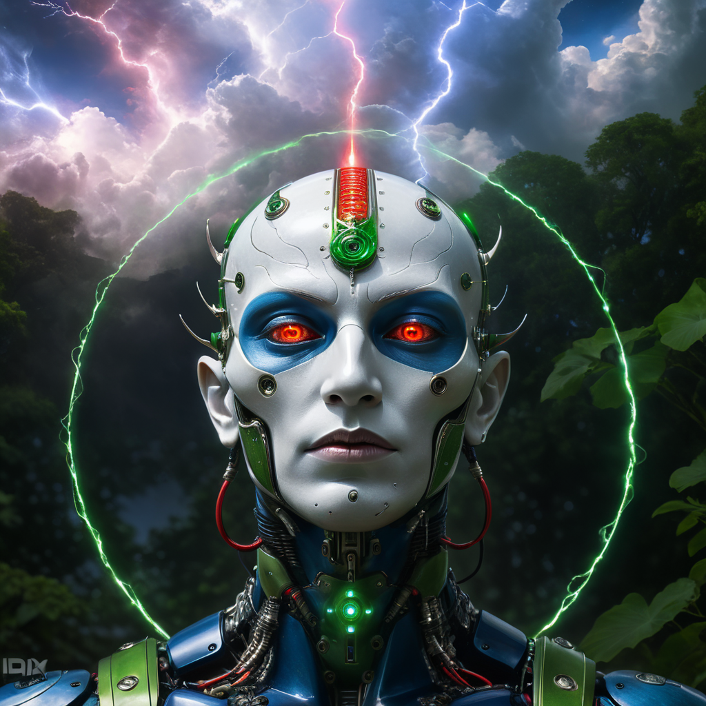 a supernatural cyborg write aura baldness white glowing eyes blue skin in lotus position air floating sky in to cosmos space green red blue lightning