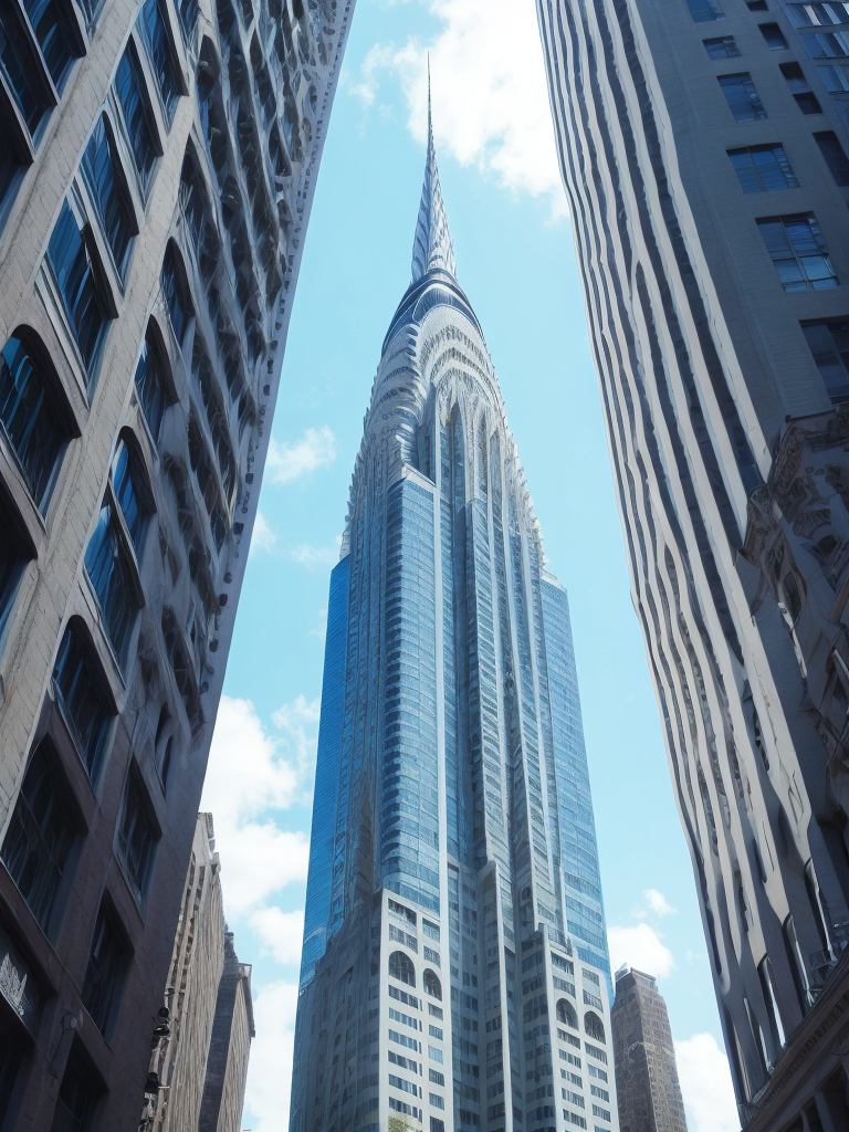 Chrysler Building, New York in the background, Blue sky, Vibrant colors, Deep colors, Contrast lighting, Sunny day, High detail, Sharp details