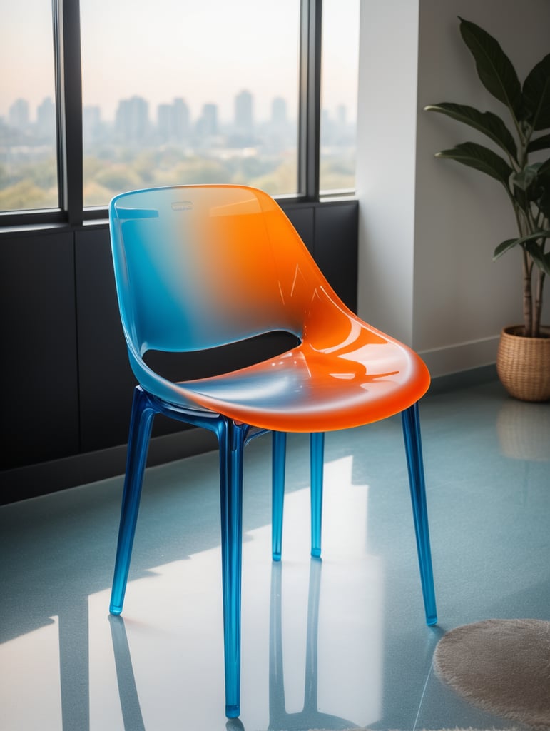 Una silla minimalista contemporánea de silicona semitraslucida con colores degradados azul cyan y naranja vibrante como si lo hubiera diseñado hi estudio.