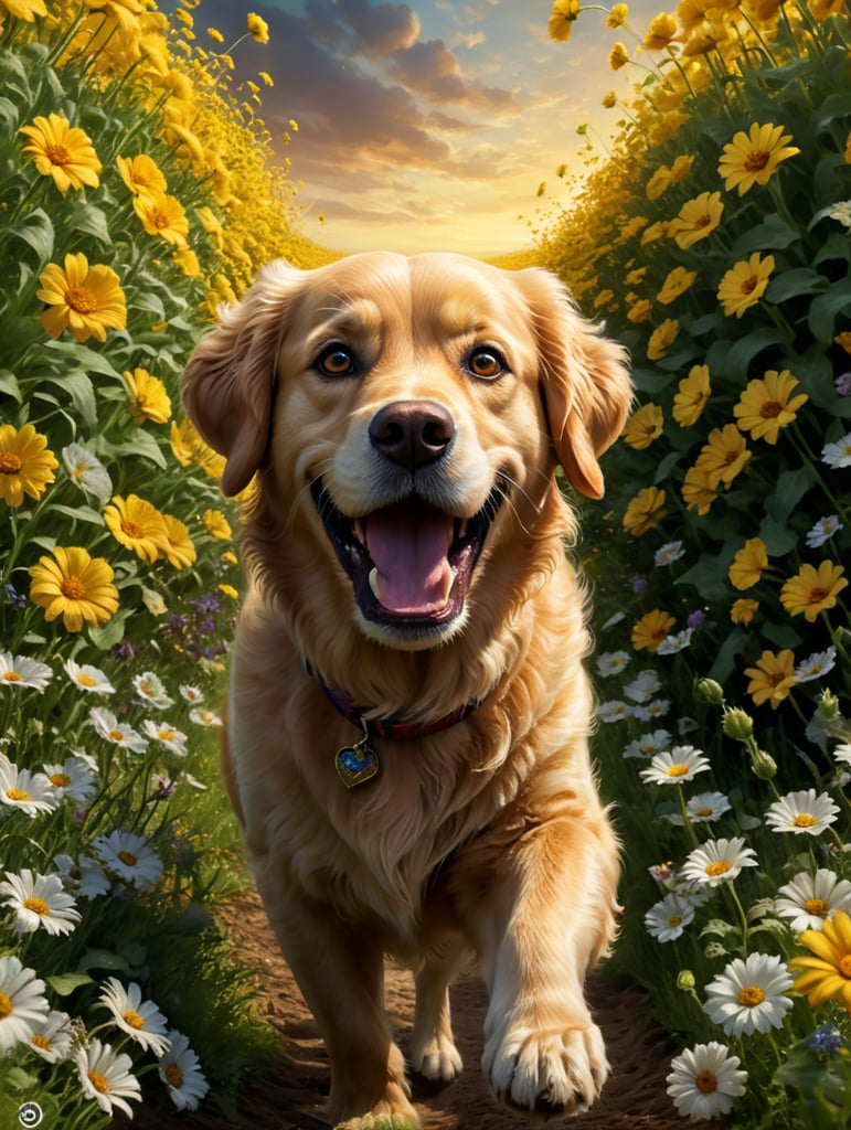 disney pixar movie poster with title'phi', a golden golden retriever with deep brown eyes with longer legs running in a field of flowers