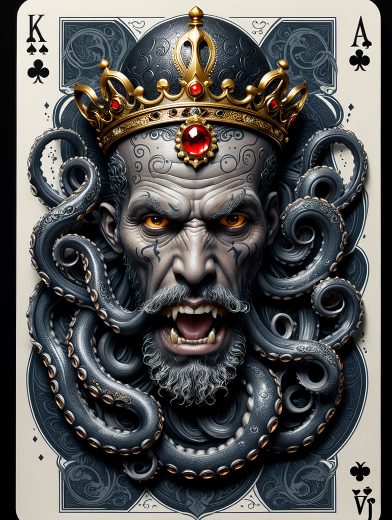 king octopus of clubs playing card, face card, linocut art style, black ink, ultra realism, simple lines, vector