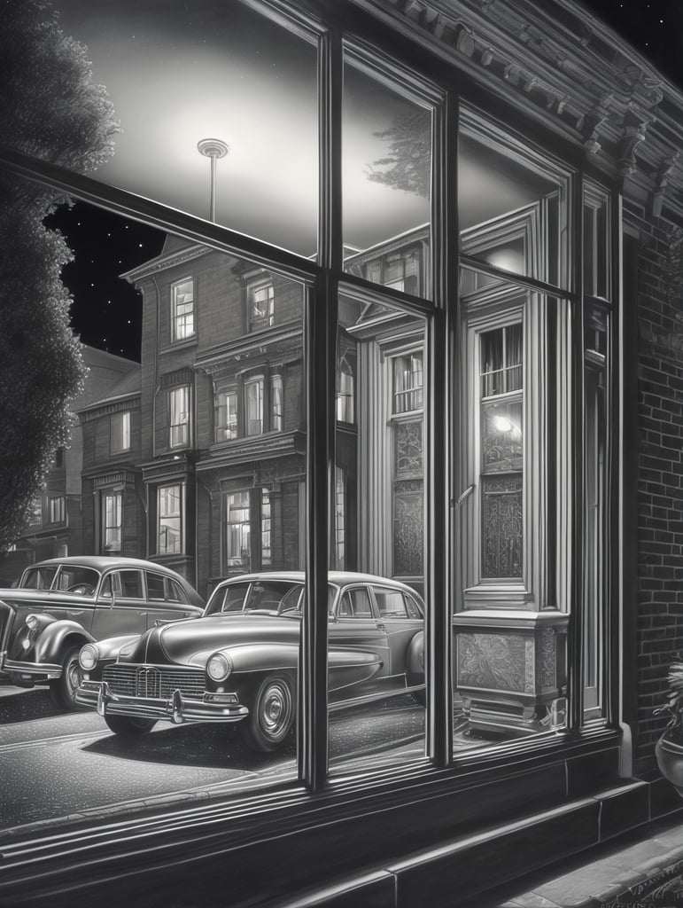 hand drawn in grey lead pencil detailed image of night refelctions on car side window of a man walking past , australian house