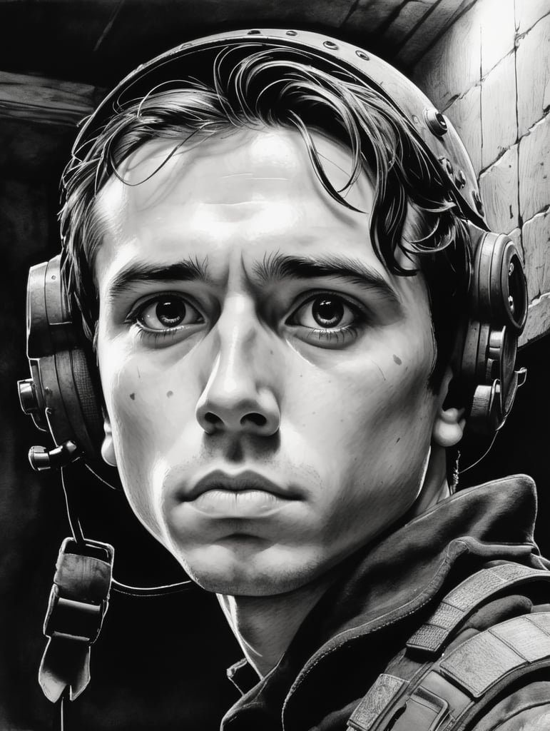 Ink pen sketch, low light, low detail, Close-up of a young soldier looking up in a basement. he's wearing a steel helmet with camo cover. His expression is a long distance gaze, full of apprehension