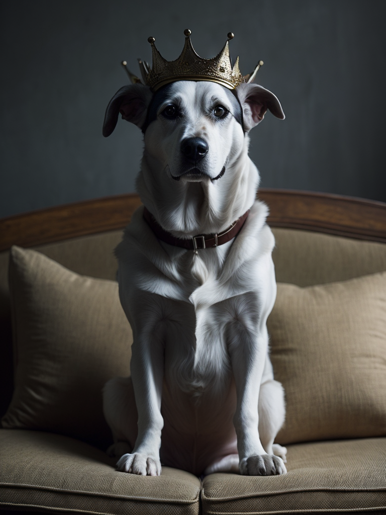 Dog wearing a crown sitting on a sofa