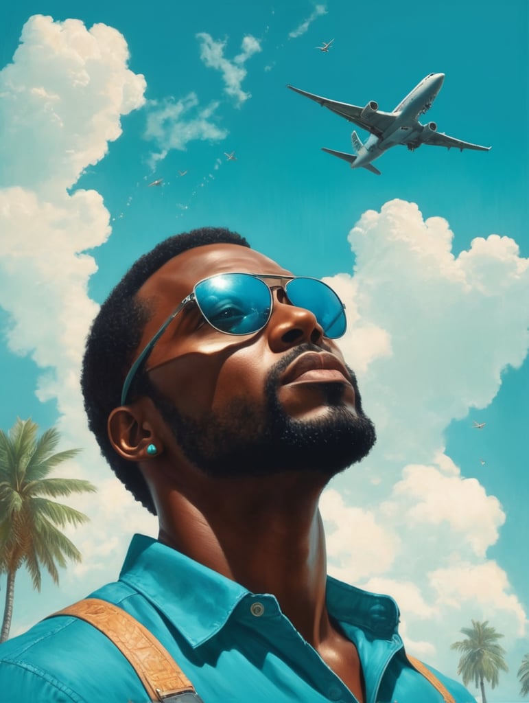 a black man raised his head up, looks at the sky, sunglasses, one airplane flies in a clear sky and leaves a mark, summer, turquoise shades, style of Richard Corben