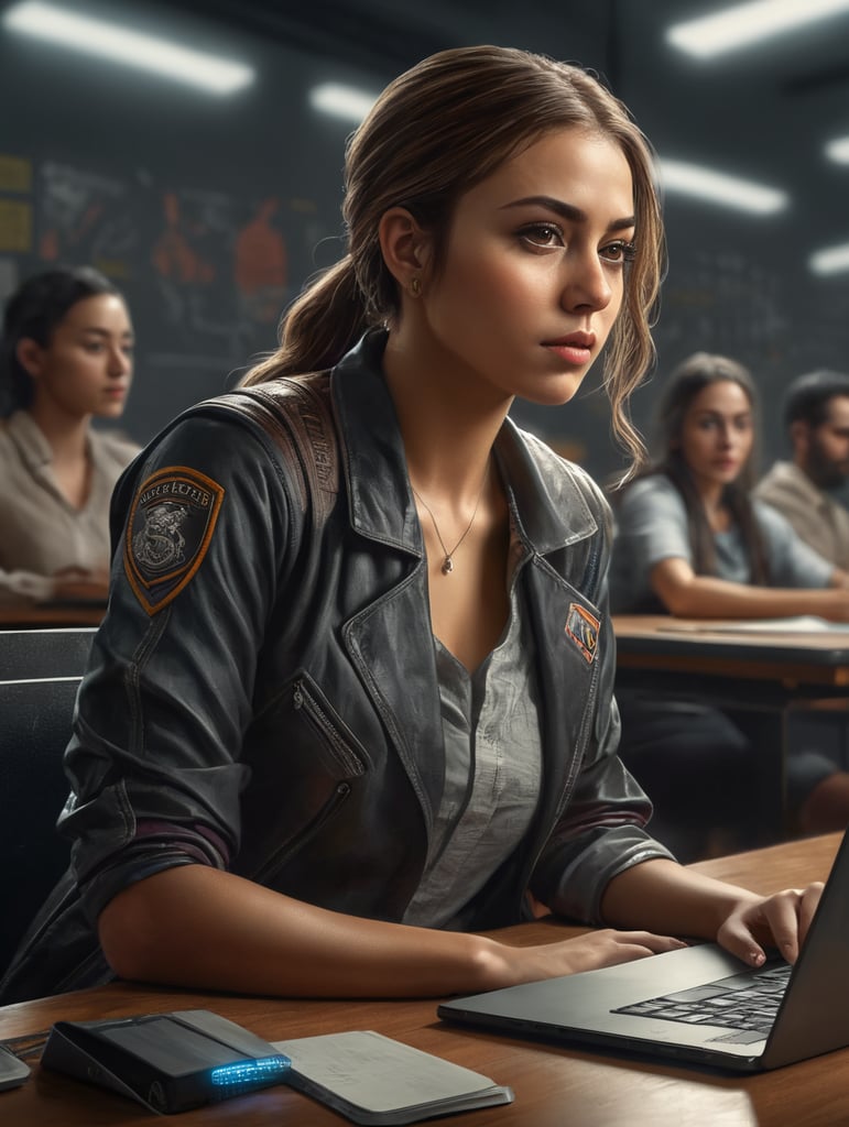 estudiante femenino de universidad de la licenciatura de diseño gráfico sentada en salon de clases viendo al frente con laptop y tableta gráfica plano panorámico