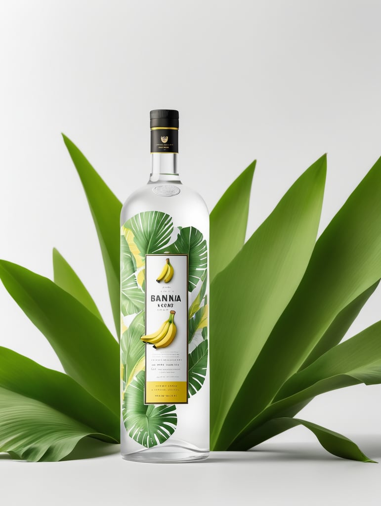 Packaging and branding for a banana vodka brand as if it had been designed by HI ESTUDIO with In a set design with banana, and banana leaves.