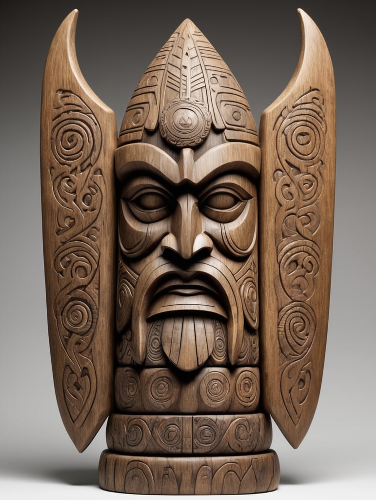 A totem crafted from Viking wood, representing a spirit entity, sacred item, or symbolic emblem, functions as a representation of a collective, be it a family, clan, lineage, or tribe, akin to the spirit emblem within the Viking clan.