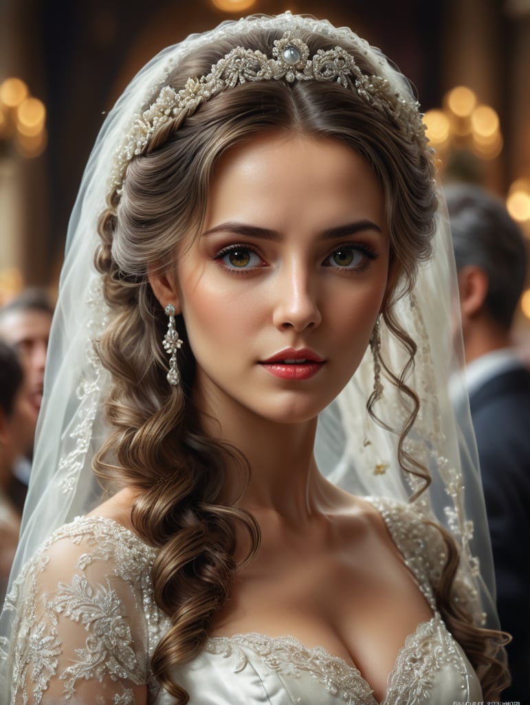 cute open hair italian bride, blurred wedding background.