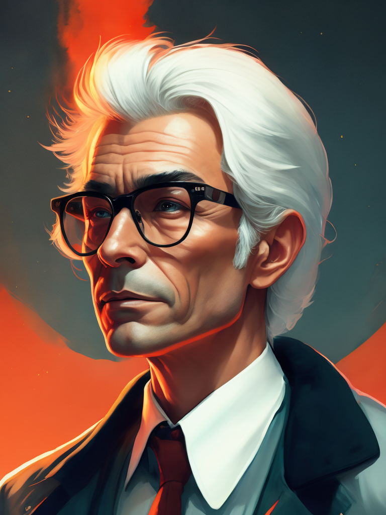 Portrait of an American man in a light suit with white hair wearing glasses with black thick rims, portrait in the style of advertising 50s, red background, sharp focus, highly detailed, vintage advertising, retro style