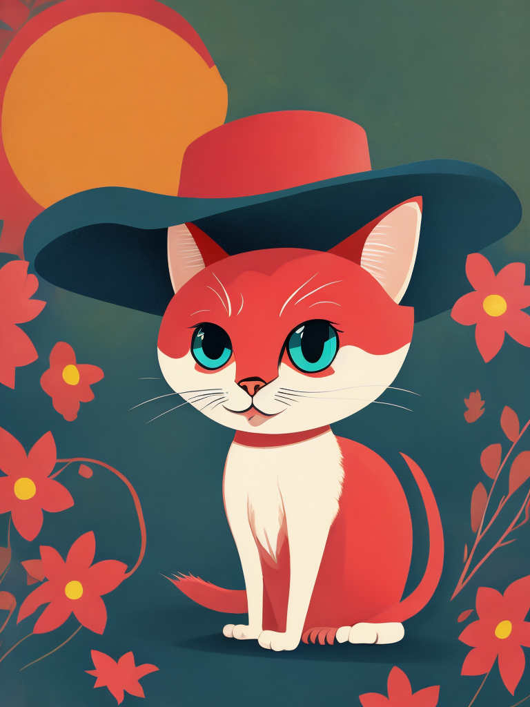a young pink cat, wearing a hat, Illustration, Disney, USA, style of Mary Blair