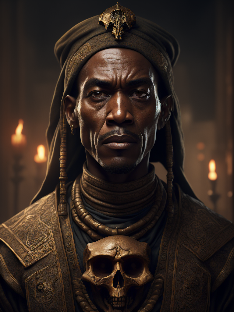 Voodoo priest, photorealistic, skull and bones, mysterious, african american, high definition, photography, cinematic, detailed character portrait, detailed and intricate environment, detailed and intricate environment.