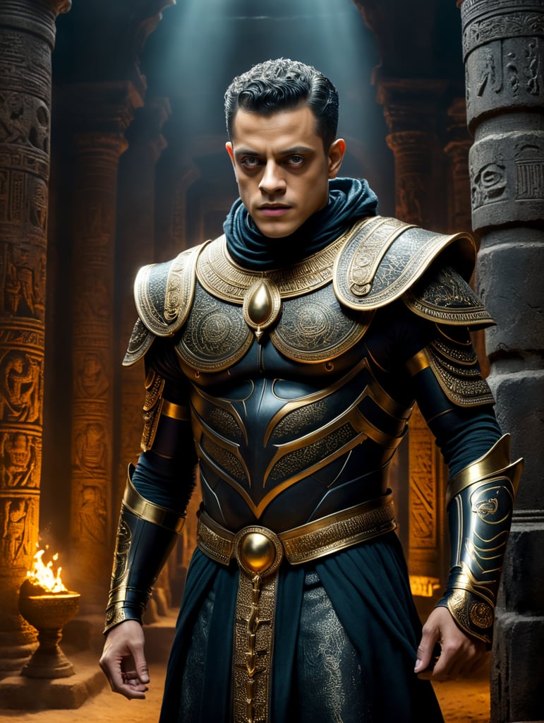 By Anne Rice and Guillermo del Toro, imagine Rami Malek as a cursed pharaoh awakened from an ancient tomb on a ghostly Halloween night, eerie, ancient, Halloween, cinematic photography, action shoot, movement, epic, high definition