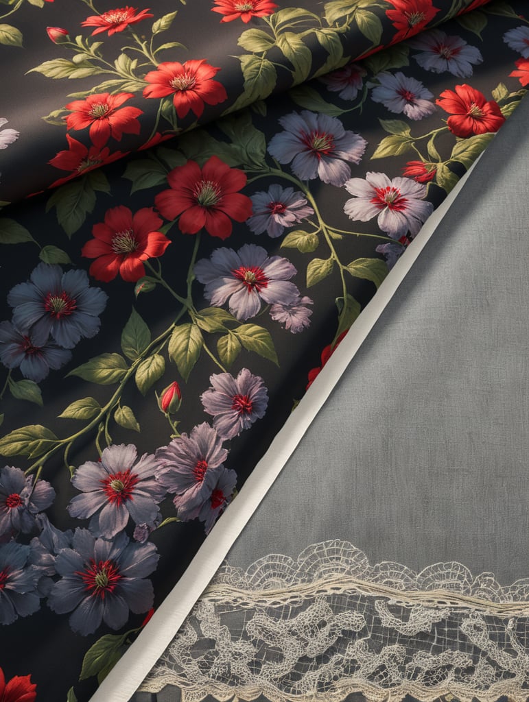 Fabric with printed graphics of red flowers