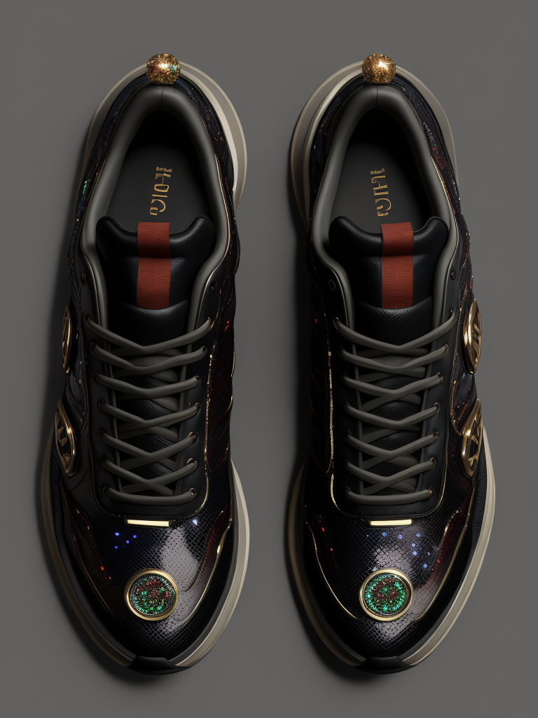 gemstone-embellished Gucci fashions with luminous lines and sequins. hyper realistic image of hi-tech sports puffy sneakers modern fashion, deep atmosphere, saturation, vibrance, sharp on details