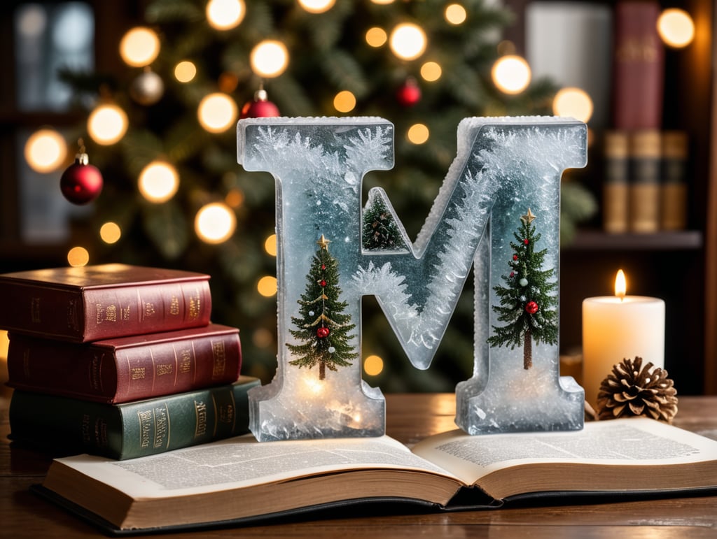 ice letter H wiwth Christmas background, with books