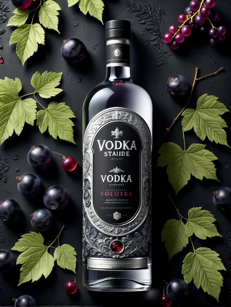 Packaging and branding for a vodka brand as if it had been designed by HI ESTUDIO with In a set design with bricks, black currant and dry leaves.
