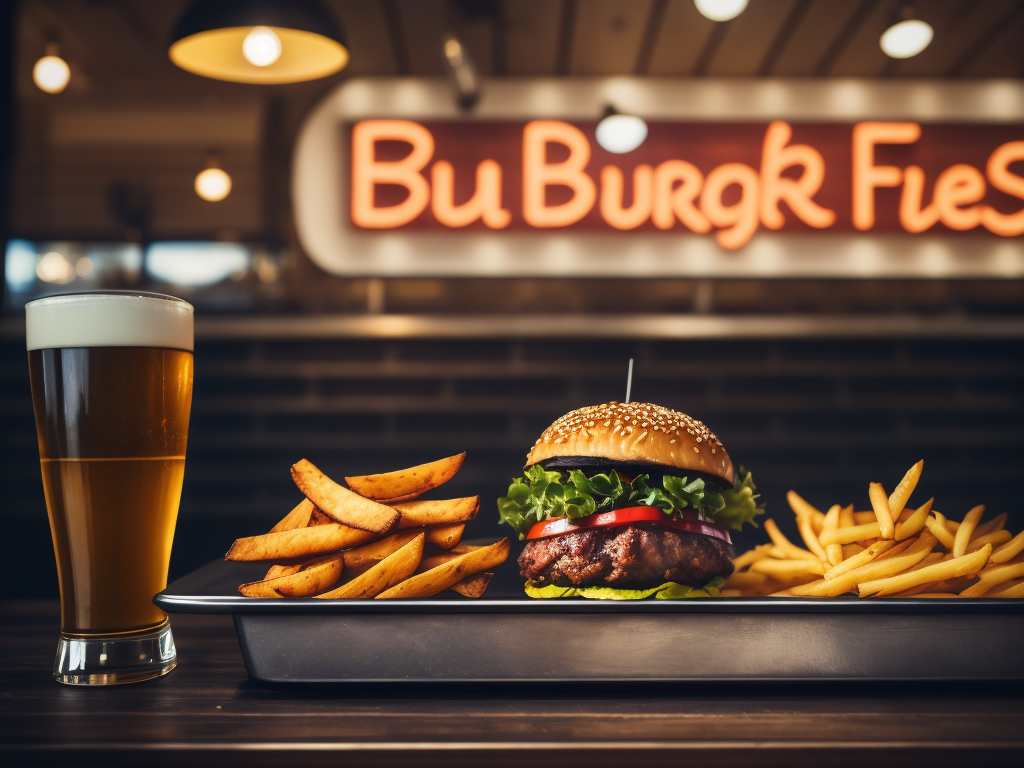 vintage photo of burger and fries on a tray in colorful vintage diner