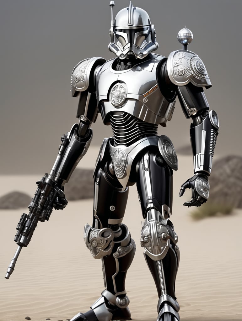 commando droid, star wars, full body, battle pose, shiny black and white armor, shiny silver light eyes