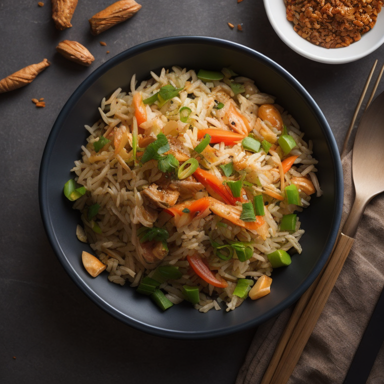 top view, thai style fried rice, shredded chicken, diced carrots, red pepper, green onions, bamboo shoot strips, chilli flakes, ginger, thai basil, unreal engine 5, very realistic, very detailed, realistic photography, 4k, 85 – mm – lens, sharp – focus, intricately – detailed, f 8, ISO 100, shutter – speed 1 125, diffuse – back – lighting, award – winning photograph, elle, small – catchlight, low – contrast, High – sharpness, depth – of – field, ultra – detailed photography, raytraced, global illumination