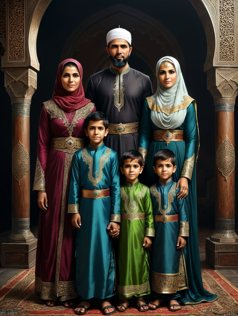 Muslim husband and wife couple with two sons, one of whom is 5 years old and the other is 8 years old