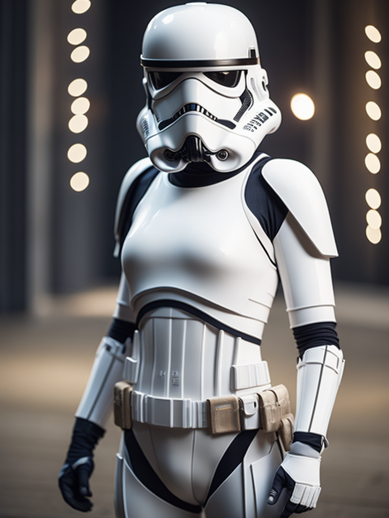 Fit girl in a stormtrooper outfit, exposed belly, large breast, full body, Dramatic Lighting, Depth of field, Incredibly high detailed