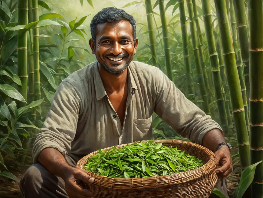 smiling Indian who looks like rahaman tea farmer holding green tea leaves in a bamboo basket in his hands, tea lover , farming life, tea harvest, tea leaves, tea plantation, fresh harvest, tea production, handcrafted tea, tea indulgence,