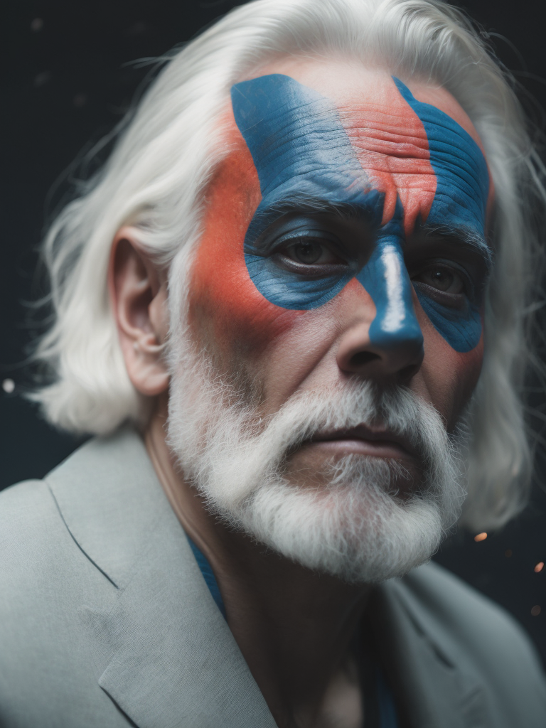 a man with white hair and a face painted like a man with red and blue circles on his face by Alejandro Jodorowsky