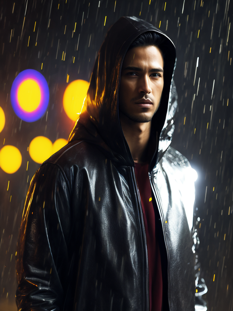 a man wearing black and transparent raincoat, under the rain, ultra realistic, neon lights