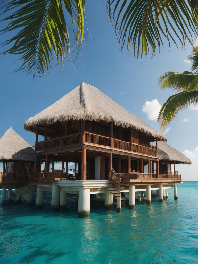 Over water villa in the maledives with the sun shining and some palms, Vibrant and rich colors, blue skies and azure oceans, photorealistic, contrast light, deep colors, Incredibly high detailed