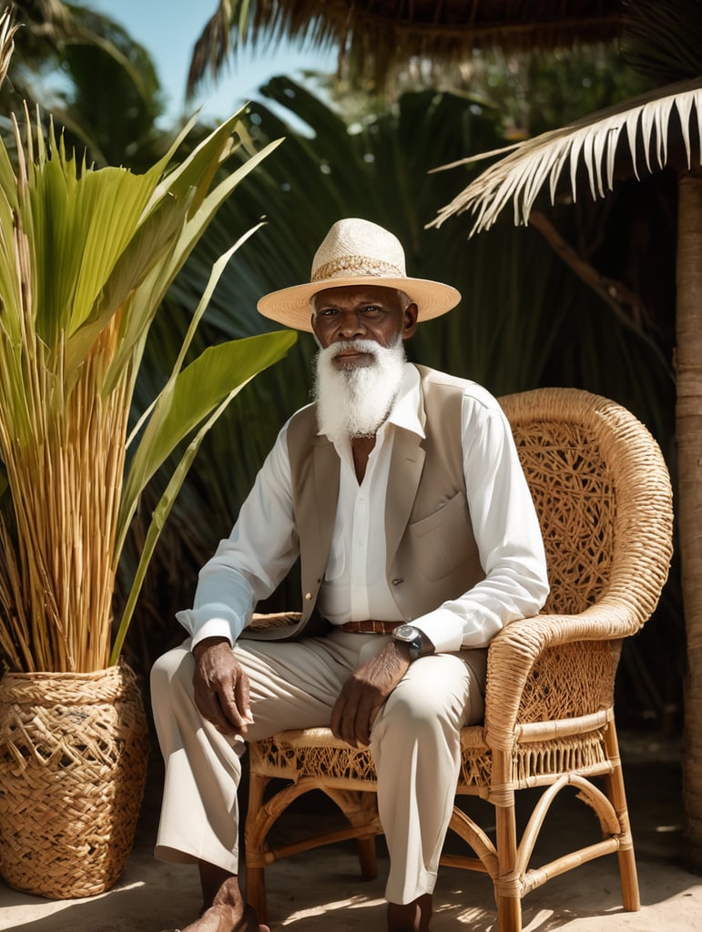 A wise old man with white beard and bakoua hat in a tropical setting, sitting on a straw chair, shot on hasselblad, shadowplay