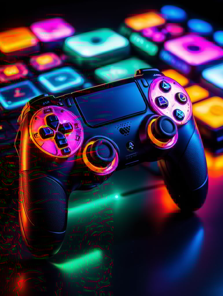 Design a futuristic, neon-colored gaming controller in the style of a playstation controller, glowing neon, semitransparent, deep vibrant colors, high details