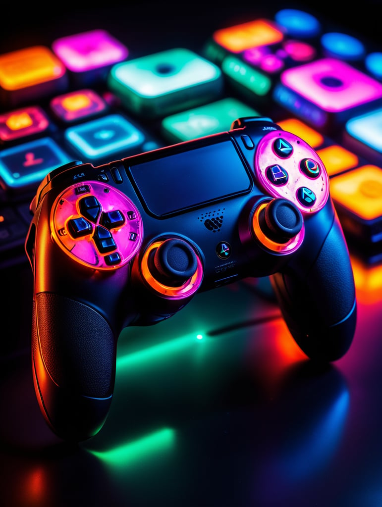 Design a futuristic, neon-colored gaming controller in the style of a playstation controller, glowing neon, semitransparent, deep vibrant colors, high details