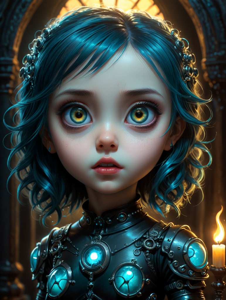 Cute bioluminescent glow chibi goth emo girl, large expressive eyes, gothcore, horror, sweet and scary, HDR, fantasy details, intricate detail, masterpiece art, 24K resolution, Tim Burton style