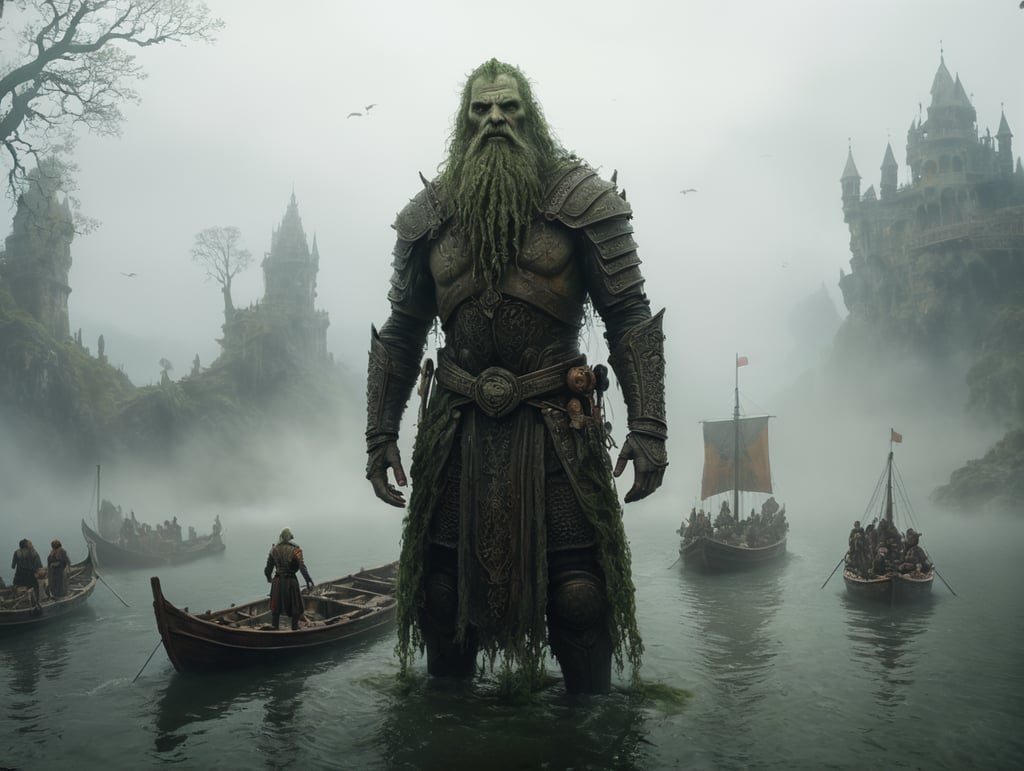 medieval people on boats in the foreground, old giant with a algae beard in the background, fog