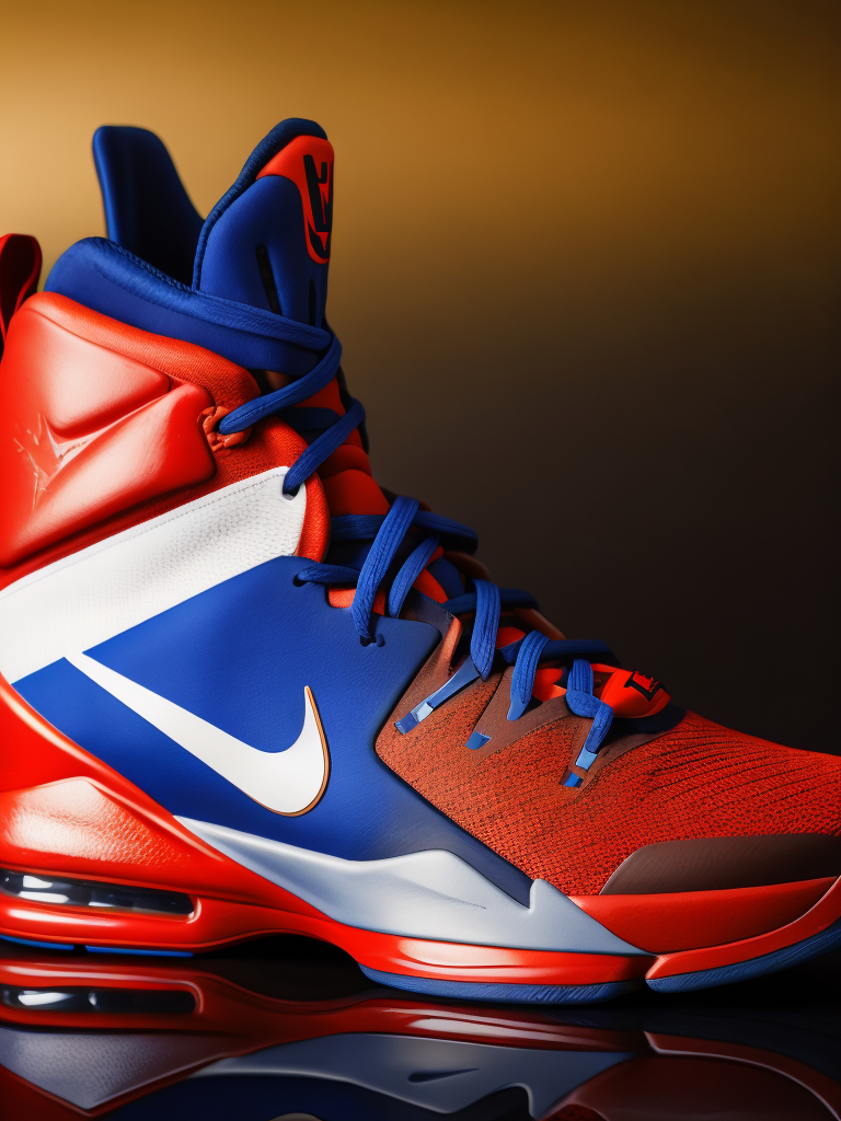 Nike basketball shoes philippine flag colorway, bright and saturated colors, highly detailed, sharp focus, Dramatic Lighting, Depth of field, Incredibly high detailed, blurred background