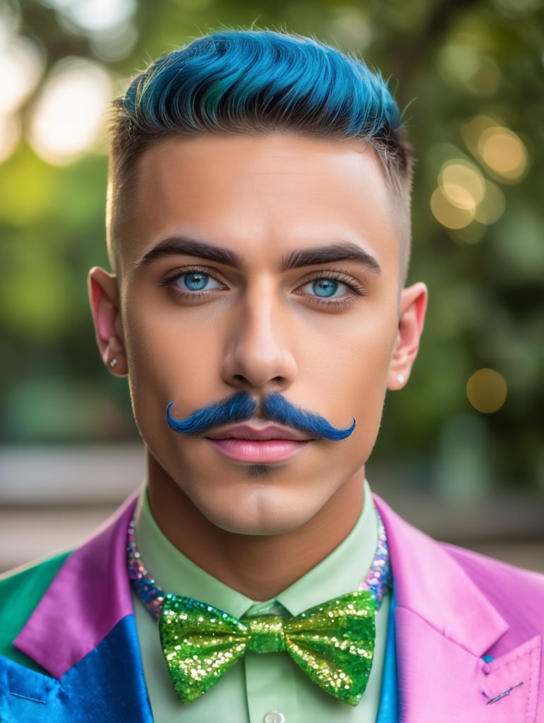 brazilian young man with make up in rainbow colors, blue eyes, blue mustache, pink brows, green beard, realistic drag queen