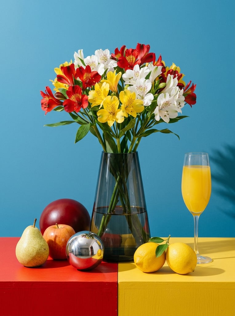 A vibrant still life arrangement of bright flowers, varied fruits, and geometric objects set against a solid azure blue backdrop. A dark, translucent conical glass vase centers the composition, holding a lush bouquet of red, yellow, and white alstroemeria flowers with green stems visible in the water. Clustered around the base on a flat surface split into solid red and yellow blocks are two yellow citrus fruits, a pale pear, a reddish apple, a reflective metallic silver sphere, and a large smooth dark red ball. To the right stands a tall stemmed glass filled with opaque yellow liquid. Strong studio lighting from the upper left casts distinct shadows. The image features a bold, high-contrast primary color palette, evoking crisp, vivid graphic commercial photography with striking color-blocking.