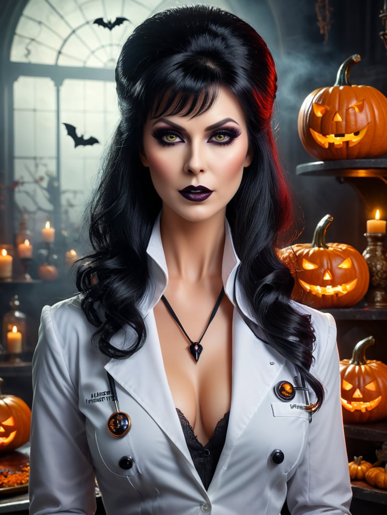 female doctor dress for Halloween with Elvira makeup