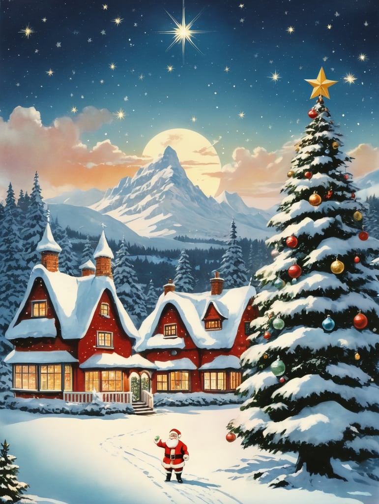 christmas card, santa claus in the foreground, christmas tree, fairytale houses, atmosphere of christmas and joy, sky strewn with stars. the postcard was made in the 60s