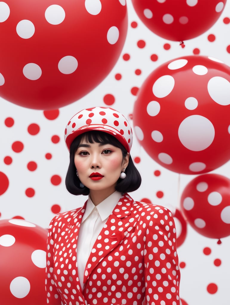A woman of Asian appearance is dressed in a red suit with white large polka dots, a red hat with white large polka dots, red lipstick, a pale white face, against the background of large red abstract inflatable balloons, an image in the style of Yayoi Kusama