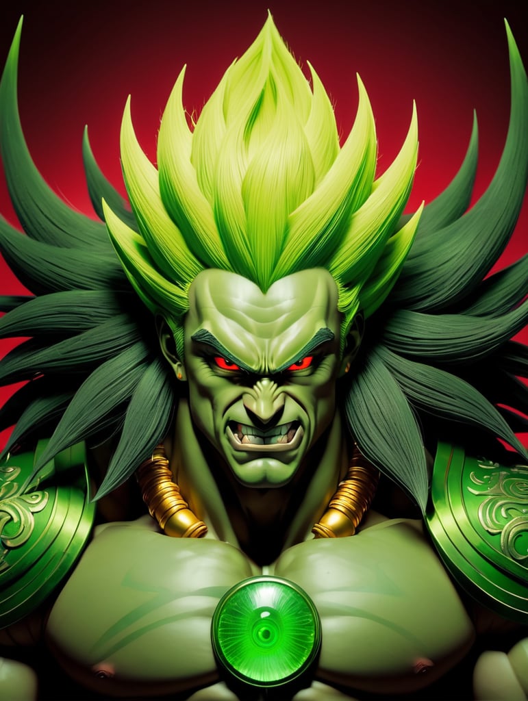 Broly, a massive and intimidating Saiyan with an imposing physique. His light green skin is covered in a layer of green fur, which only serves to accentuate his muscular form. His head is his most distinctive feature - it's large and round, with a single, red eye in the center surrounded by a yellow ring and a black dot. This eye is cold and piercing, seeming to bore into the viewer's soul. Broly's forehead is adorned with ridges and he has two antennae that extend from his forehead, adding to his otherworldly appearance. His black, spiky hair reaches his mid-back and frames his face perfectly. His dark green eyes are intense and focused, conveying a sense of unbridled rage and power. His body is equally as impressive, with four arms and four legs, each muscle clearly defined beneath his green fur. He stands tall and powerful, ready to unleash his fury upon anyone who dares to cross him.