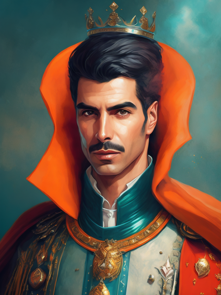 Portrait of Freddie Mercury wearing the Queen's crown, royal mantle, Vivid saturated colors, Contrast light, studio photo, professional photo, Detailed image, detailed face