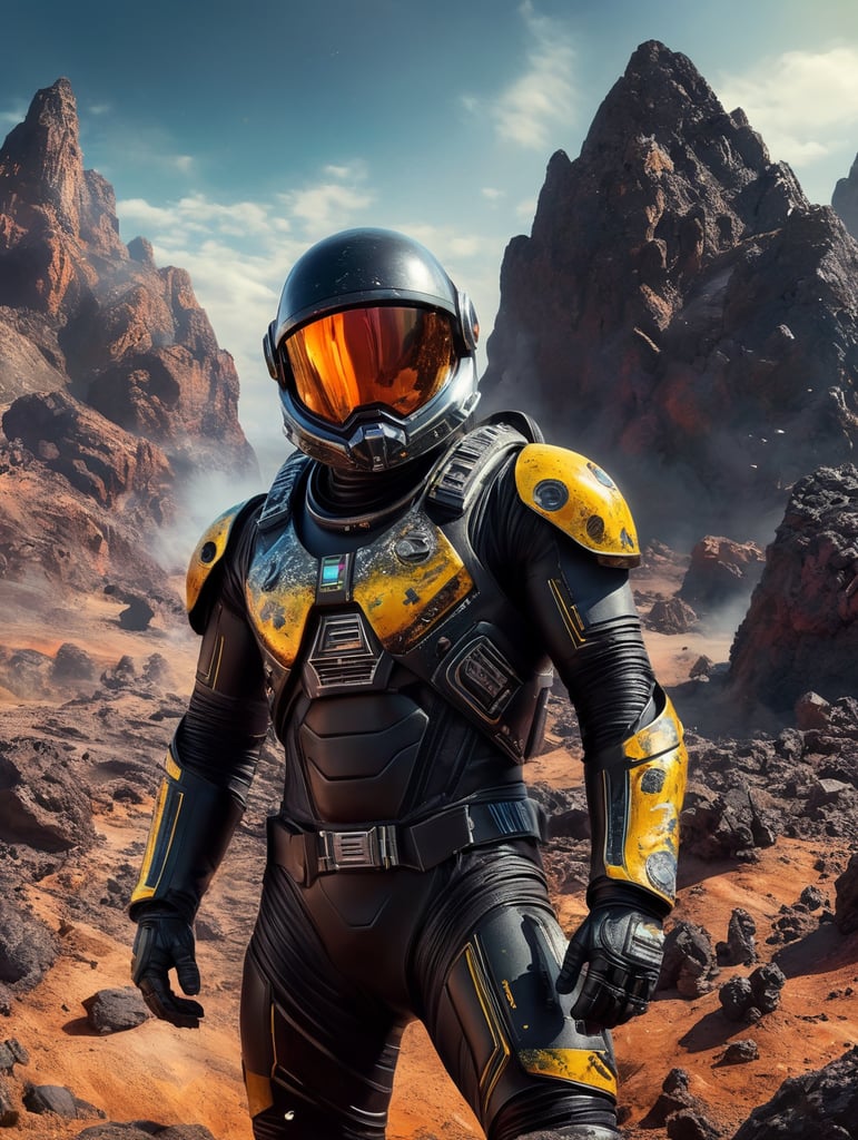 Space traveler in a black rock in middle of the universe. futuristic slim Astronaut suit with neon futuristic unique helmet , super hero style suit, warrior style suit, energy blast in the background, space war, more neon, energy explosion, fluor colours, yellow violet, vibrant, saturated, a lot graffiti on the suit. Scratch on the suit, Rocks like mars planet, volcano, movie poster style, war, noise, star wars, sMall war helmet, no accessories, transparent helmet glass