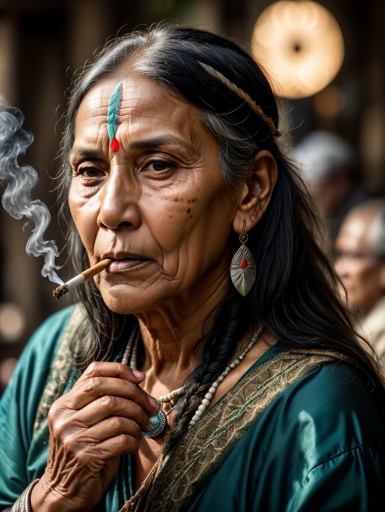 old native indian lady smoking a joint