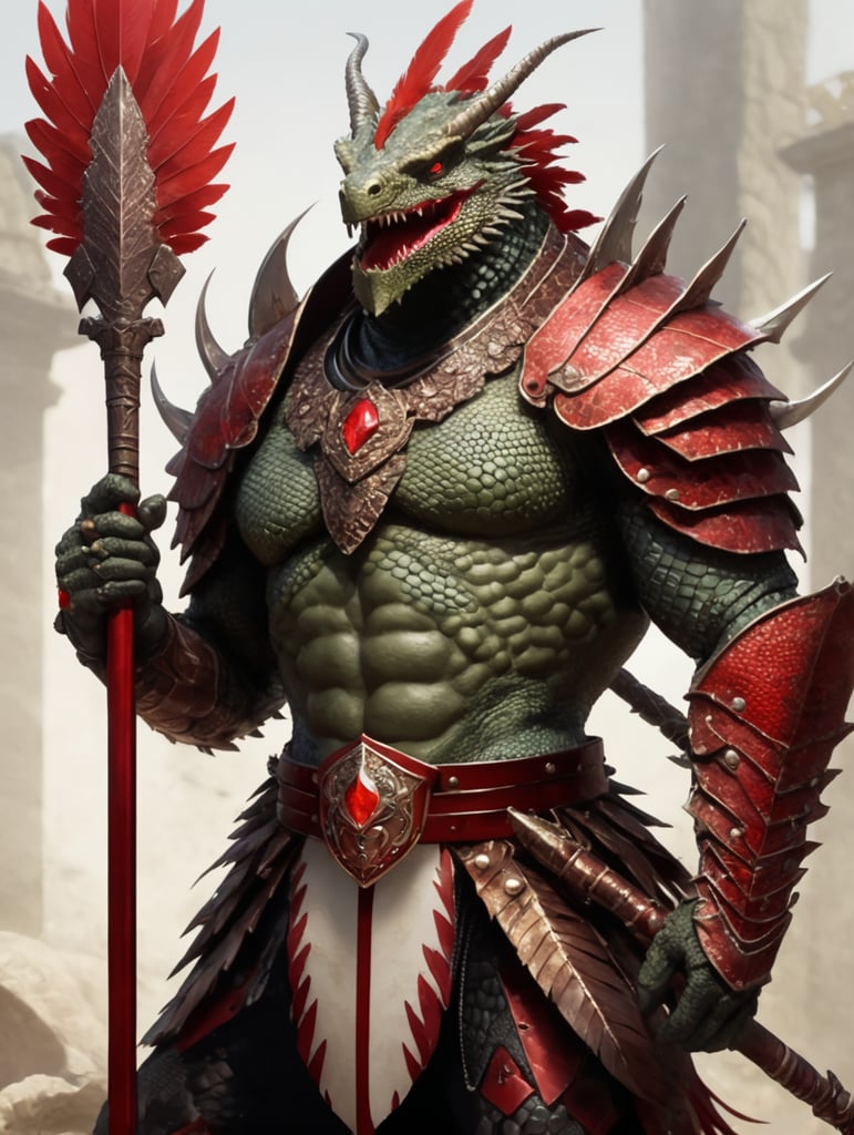 Erstelle einen großen Echsenmenschen mit roten Schuppen, einer Halskette aus Federn und einem mit federgeschmückten Speer und Schild. Denk an die roten Schuppen