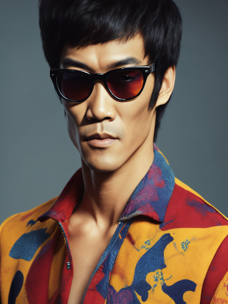 Bruce Lee wearing a brightly patterned jacket and wayfarer glasses, Vivid saturated colors, Contrast color